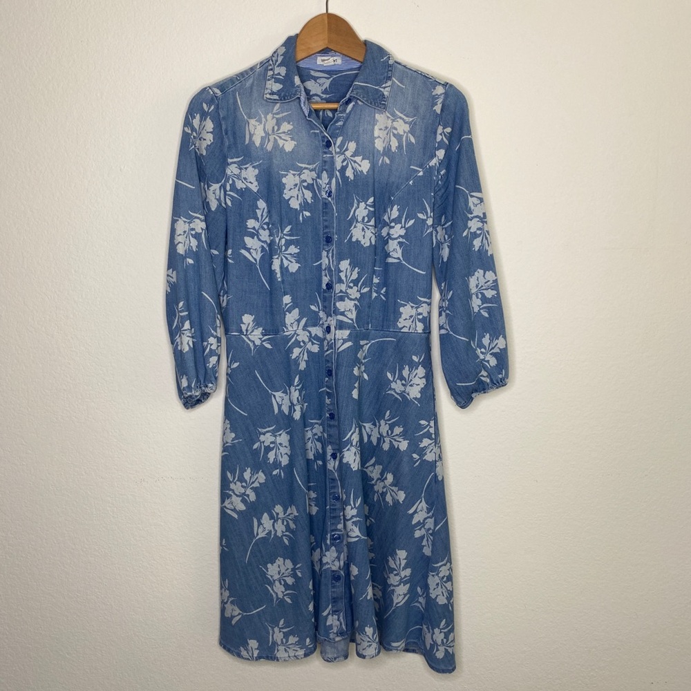 Denim Floral Midi Dress with 3/4 Sleeves & Pockets
